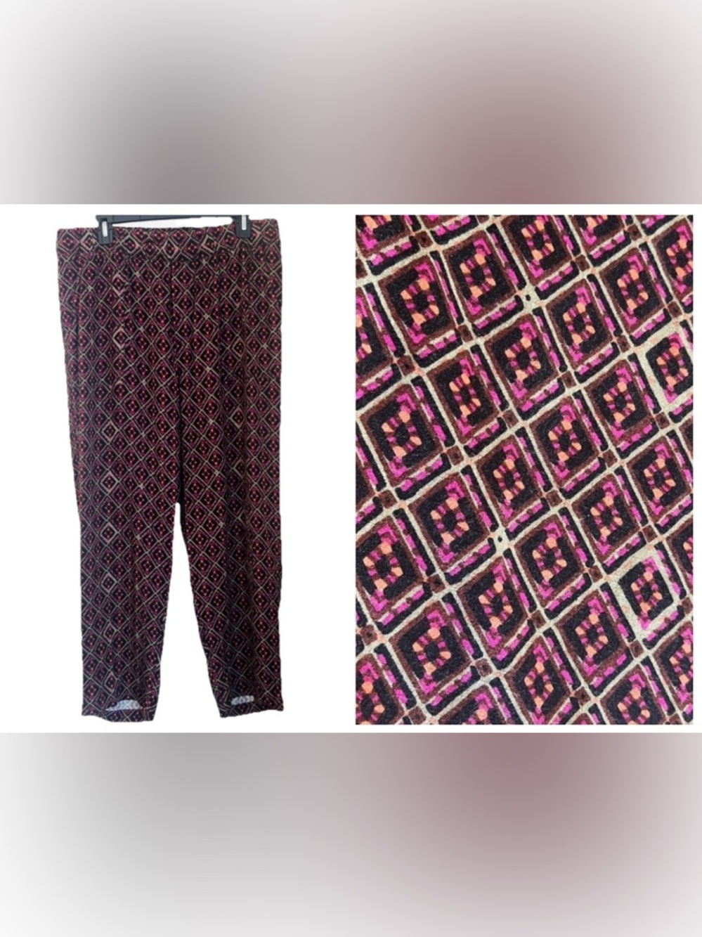 Soft Surroundings Linen Blend Pants Women’s L  Pull On Pockets Diamond Print